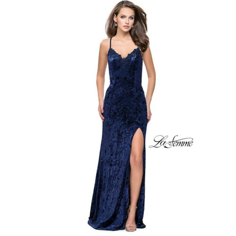 La Femme Dress Womens 0 Velvet‎ Gown Side Slit Strappy Criss Cross Back 25881
